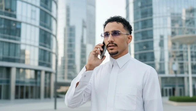 رجل سعودي بالثوب يتحدث بالهاتف في منطقة أعمال حديثة