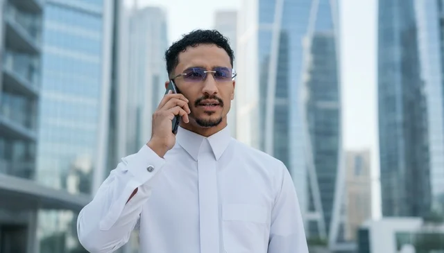Arab Man in White Thobe Using Smartphone in City