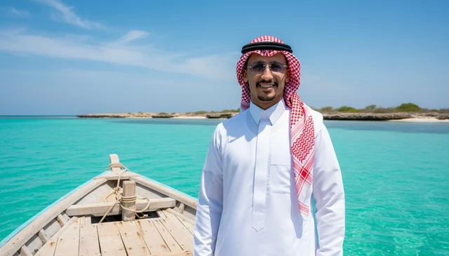 رجل سعودي بالزي التقليدي على متن قارب في البحر