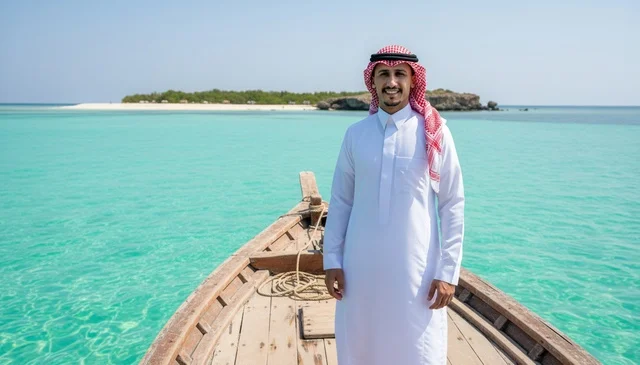 رجل سعودي بالزي التقليدي على متن قارب خشبي في البحر
