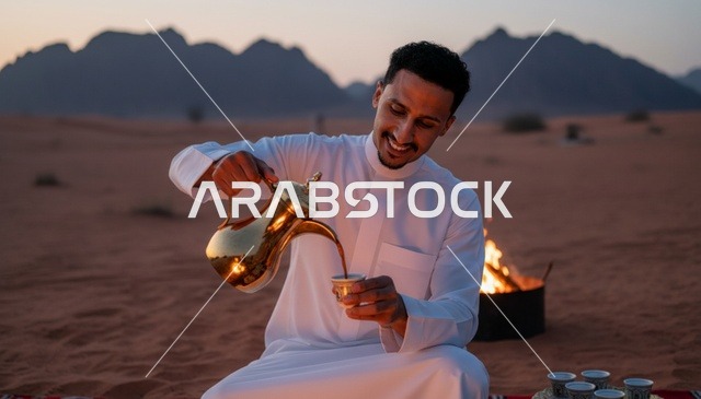 رجل سعودي يصب القهوة العربية من الدلة في الصحراء