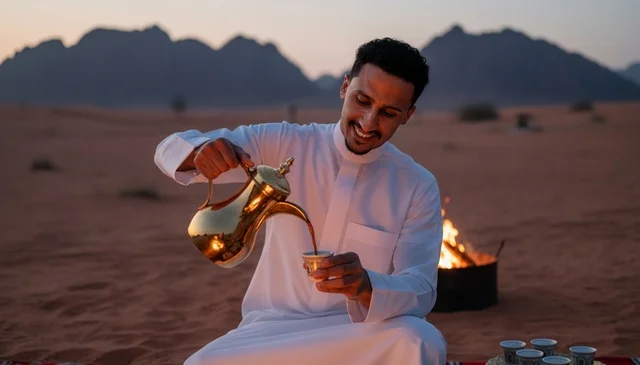 رجل سعودي يصب القهوة العربية من الدلة في الصحراء