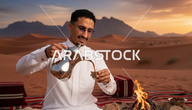 رجل سعودي يصب القهوة العربية في الصحراء وقت الغروب