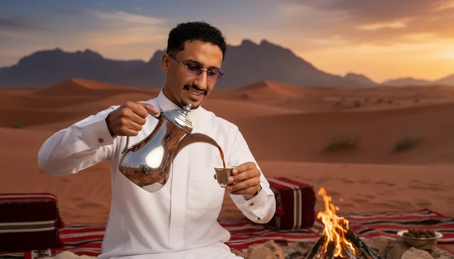 Saudi Man Pouring Arabic Coffee in Desert Sunset
