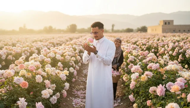رجل سعودي في مزارع ورد الطائف وقت الغروب