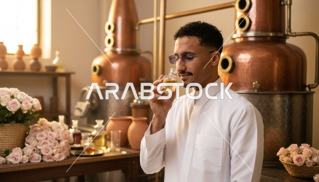 رجل سعودي يشم العطر في معمل تقطير الورد