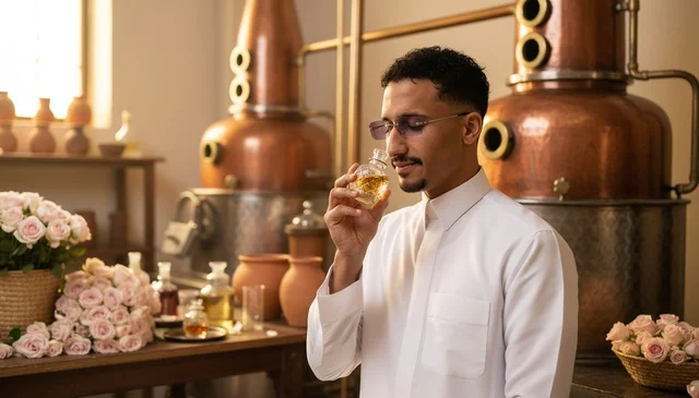 رجل سعودي يشم العطر في معمل تقطير الورد