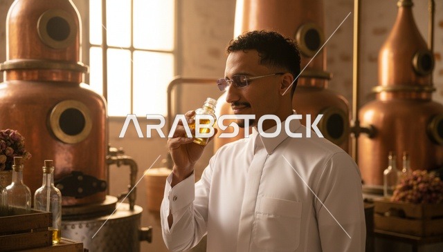 رجل سعودي يشم العطر في معمل تقطير نحاسي