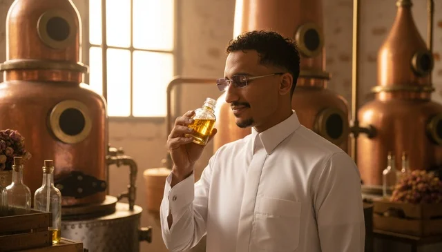 Saudi Man Smelling Perfume in Copper Distillery