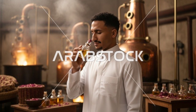 رجل سعودي يشم الزيوت العطرية في مصنع تقطير تقليدي