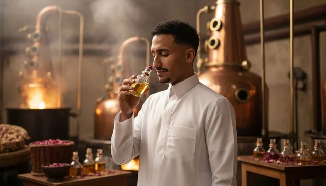 Saudi Man Smelling Essential Oil in Traditional Distillery