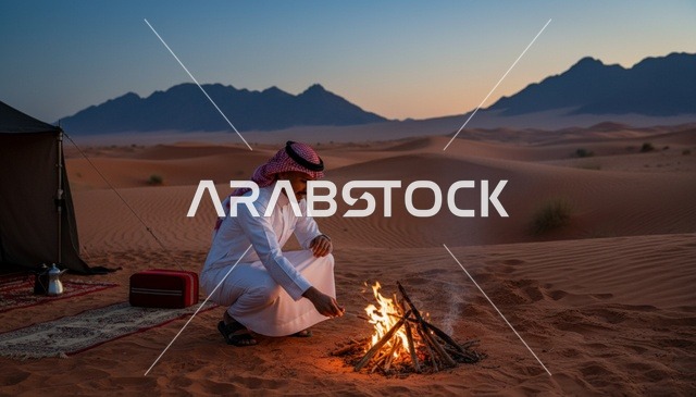 رجل سعودي يجلس بجانب شبة نار في الصحراء وقت الغسق