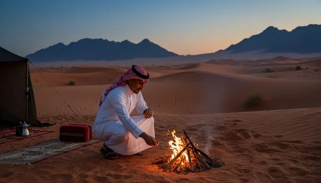 رجل سعودي يجلس بجانب شبة نار في الصحراء وقت الغسق