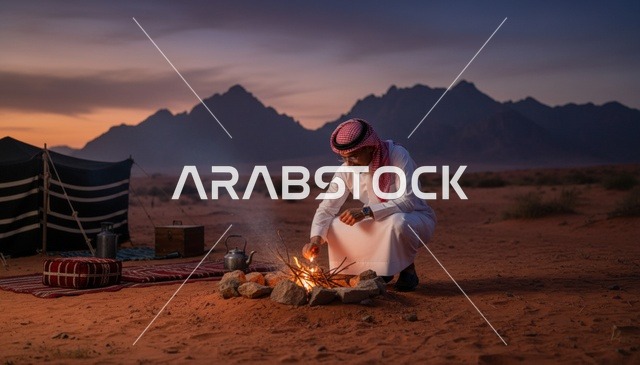 رجل سعودي يشعل النار في الصحراء وقت الغروب