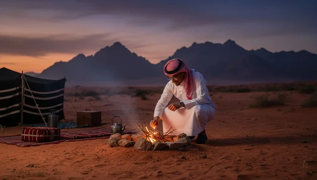 رجل سعودي يشعل النار في الصحراء وقت الغروب