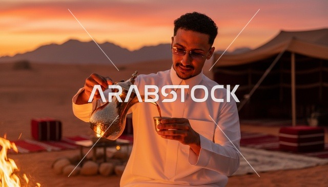 رجل سعودي يسكب القهوة العربية في الصحراء وقت الغروب