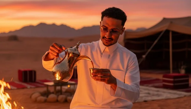 رجل سعودي يسكب القهوة العربية في الصحراء وقت الغروب