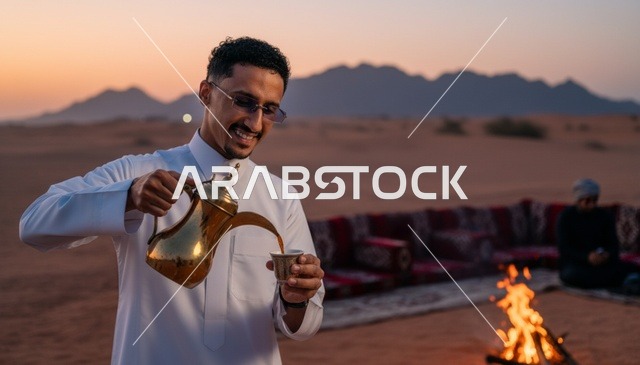 رجل سعودي يصب القهوة العربية في الصحراء وقت الغروب