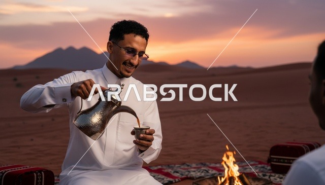 رجل سعودي يصب القهوة العربية في الصحراء وقت الغروب