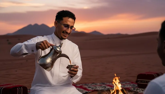 Saudi Man Pouring Arabic Coffee in Desert at Sunset