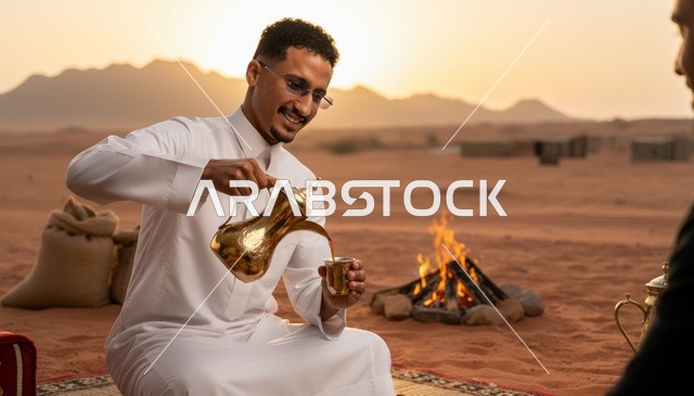 رجل سعودي يصب القهوة العربية في الصحراء وقت الغروب