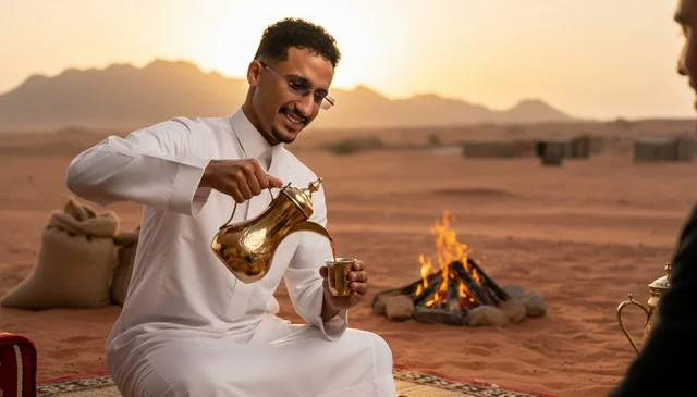 Saudi Man Pouring Arabic Coffee in Desert at Sunset