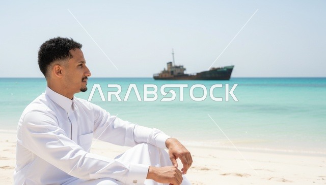 رجل سعودي بالثوب التقليدي جالس على الشاطئ