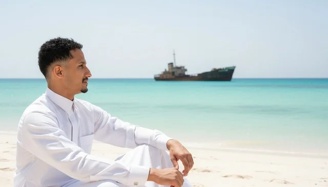 رجل سعودي بالثوب التقليدي جالس على الشاطئ
