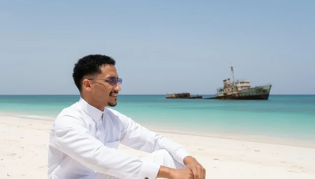 Saudi Man in Thobe Near Beach Shipwreck in Tabuk