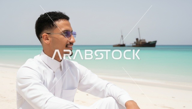 رجل سعودي بالثوب الأبيض على الشاطئ مع سفينة غارقة