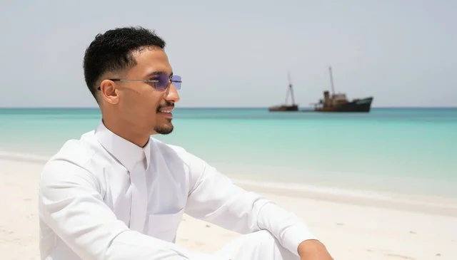 Saudi Man in White Thobe on Beach with Shipwreck