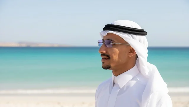 رجل سعودي بالزي التقليدي على شاطئ البحر الفيروزي