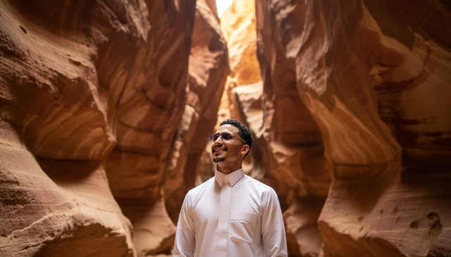 Saudi Man in Traditional Thobe Inside Rock Canyon