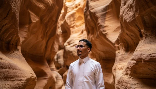 Saudi Man in Traditional Thobe at Sandstone Canyon