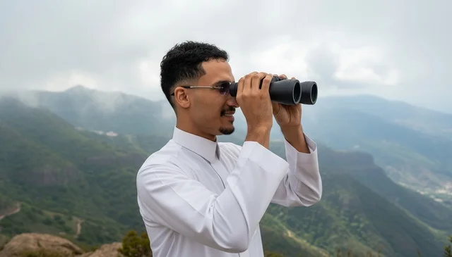 Saudi Man with Binoculars in Misty Mountains