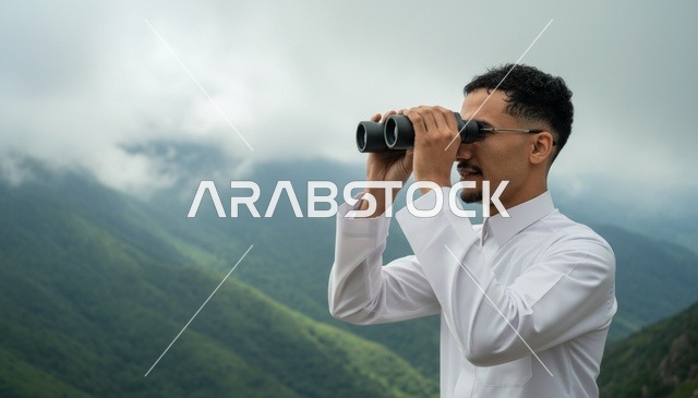 رجل سعودي يستخدم المنظار في الجبال الخضراء