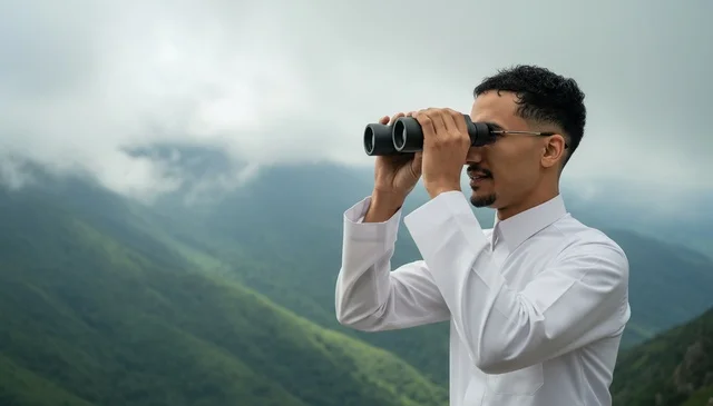 Saudi Man with Binoculars in Green Mountains