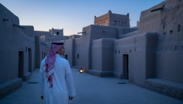 Saudi Man in Traditional Thobe at Historical Mud Village