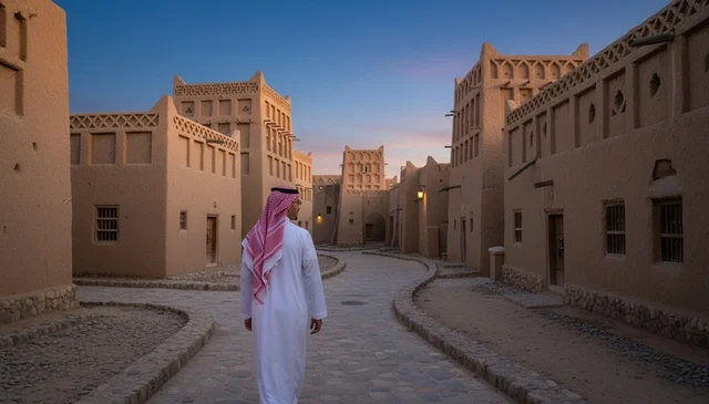 رجل سعودي بالزي التقليدي في مدينة تاريخية