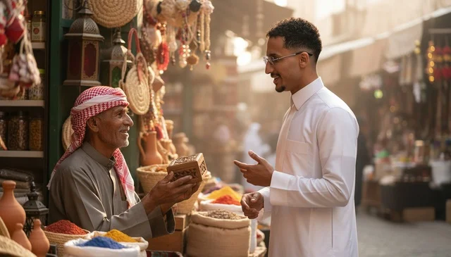تاجر سعودي وزبون في سوق شعبي تراثي