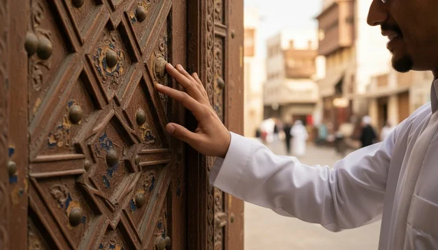 Saudi Man at Historical Wooden Door in Jeddah Al-Balad