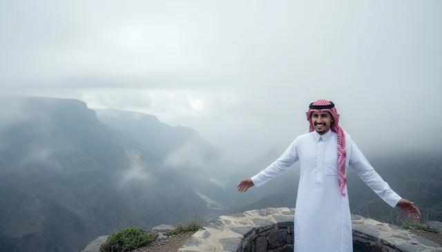 Saudi Man in Traditional Thobe at Misty Mountain Peak
