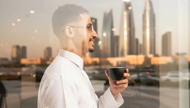 Saudi Man in Thobe Drinking Coffee Riyadh Skyline