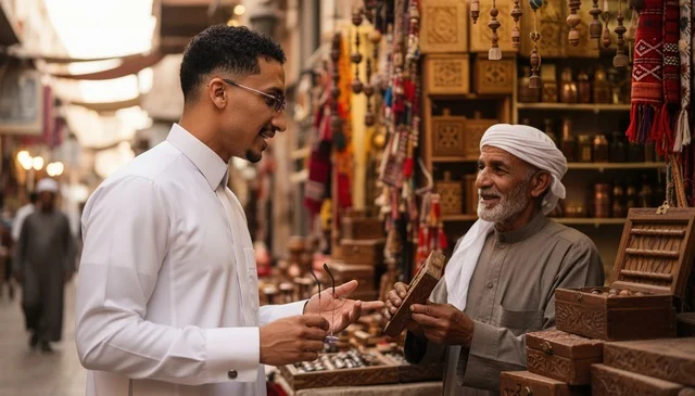 Saudi Man Shopping for Handicrafts in Traditional Souq