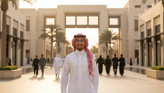 Saudi Man in Traditional Thobe at Outdoor Plaza at Sunset