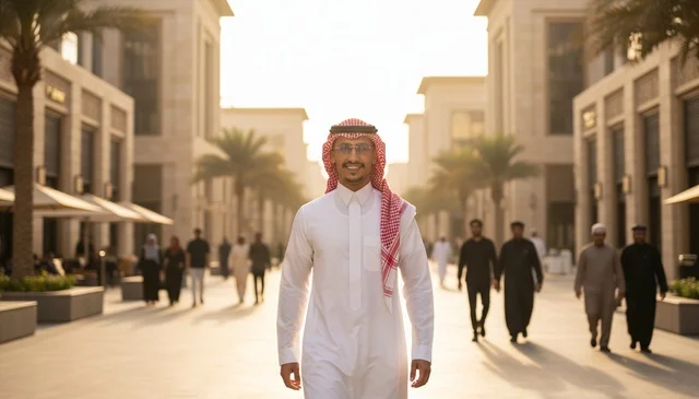 Saudi Man in Traditional Thobe Walking in Urban Plaza