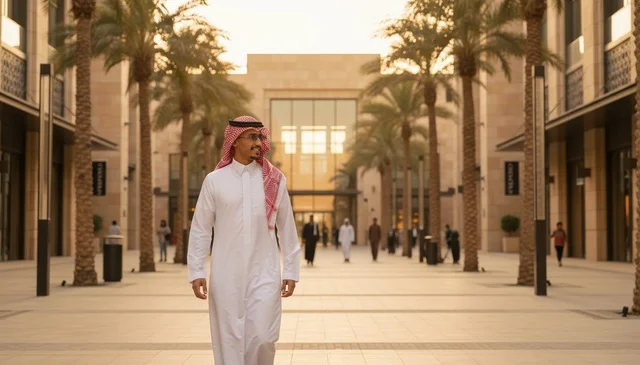 رجل سعودي بالزي التقليدي يمشي في ساحة حديثة