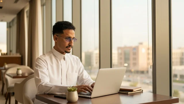 رجل أعمال سعودي يعمل على لابتوب في مكتب مودرن