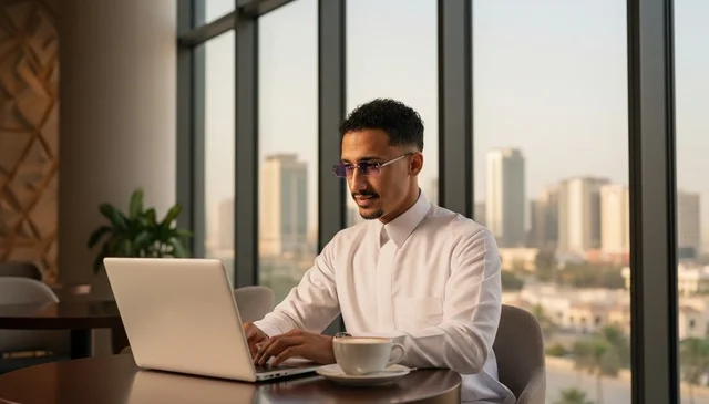 رجل أعمال سعودي بالثوب يعمل على الحاسوب في المكتب