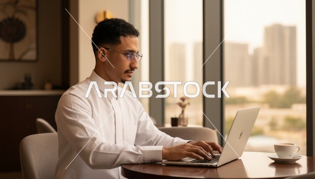 رجل أعمال عربي يعمل على حاسوب محمول